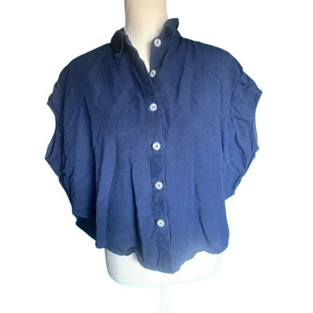Sancia Navy Blue Tencel Linen Blend Button Down‎ Cap Sleeve Cropped Shirt XS